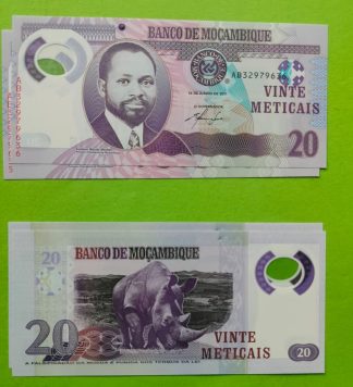 Mozambique 20 Meticais polymer banknote featuring the portrait of Samora Machel and a rhinoceros with clear transparent window features in Bangladesh.